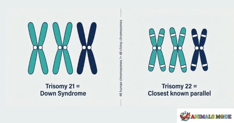 Diagram comparing human chromosome 21 (trisomy 21, Down syndrome) with chimpanzee chromosome 22 (trisomy 22, the closest known biological parallel)
