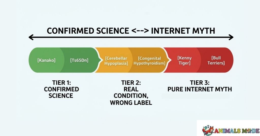 Spectrum showing animals from confirmed scientific analogue (chimpanzee trisomy 22, Ts65Dn mouse) through real-but-mislabelled conditions (cerebellar hypoplasia in cats) to debunked viral myths