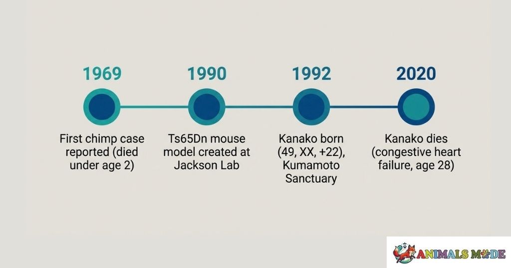 Timeline of all scientifically confirmed Down syndrome analogues in animals: 1969 (first chimpanzee case), 1990 (Ts65Dn mouse model), 1992 (Kanako born), 2020 (Kanako dies)