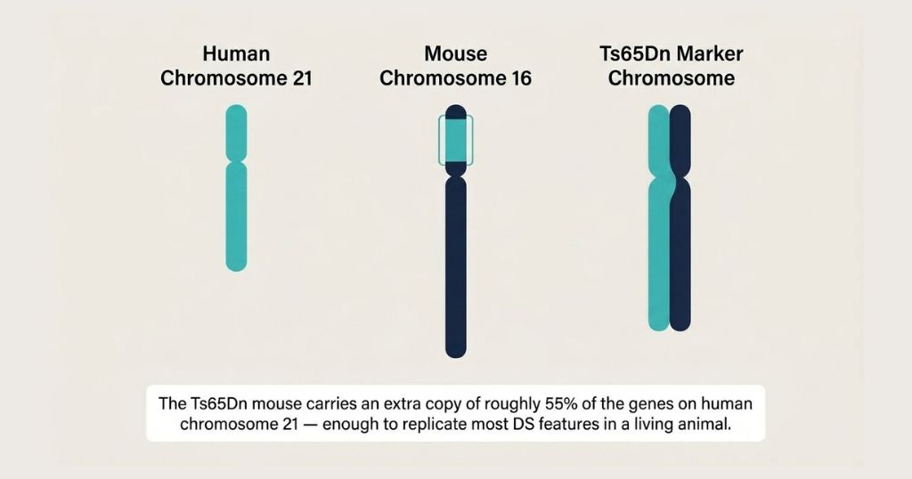 Diagram showing how mouse chromosome 16 contains a region homologous to human chromosome 21, and how the Ts65Dn strain's marker chromosome replicates this trisomy